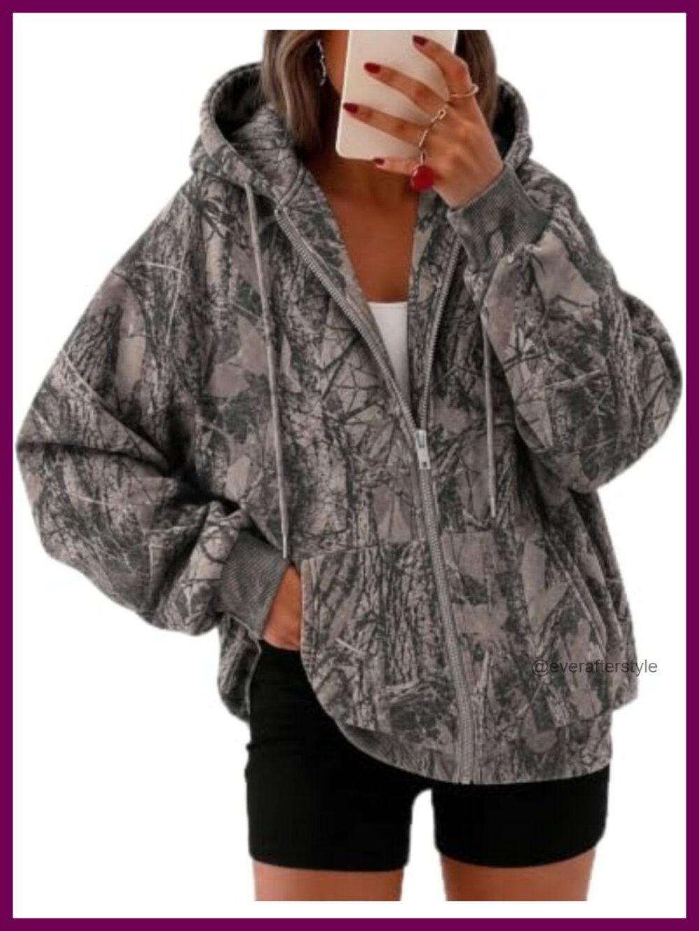 Womens Camo Zip Up Fleece Hoodie Oversized Sweatshirt Jacket